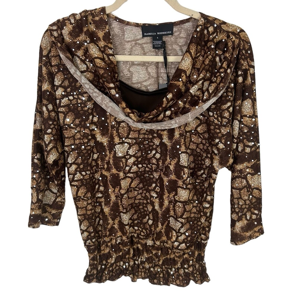 ISABELLA RODRIGUEZ New Animal Print Alligator TOP S Cowl Blouse Chic Maximalist - Picture 11 of 17